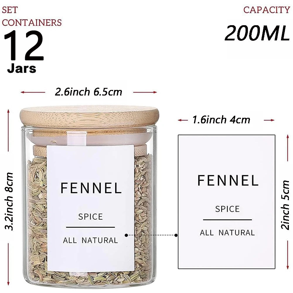 12 Piece - Airtight Glass Spice Jars