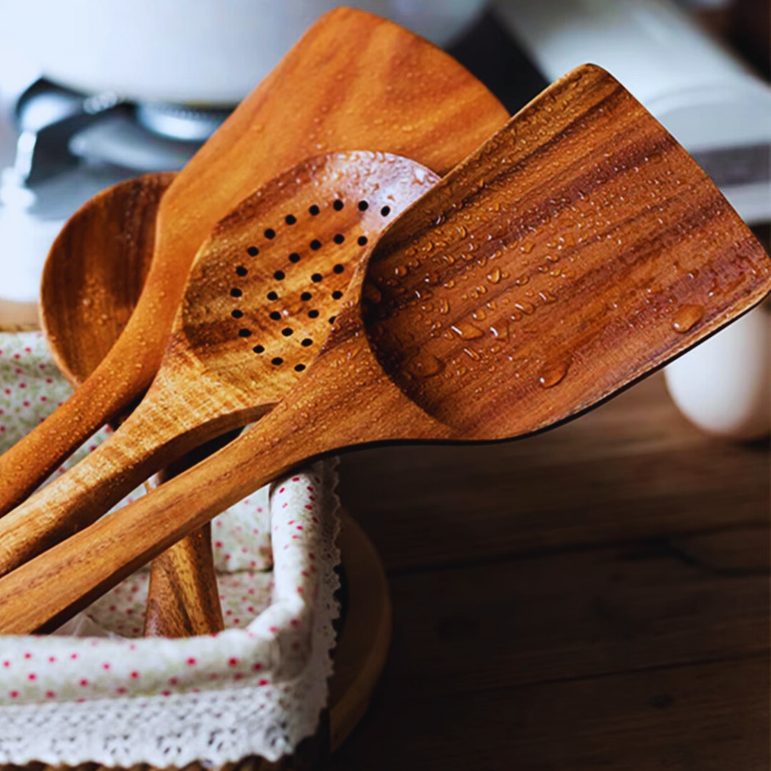 Natural Teak Wood Cooking Utensil - 6 Piece Set